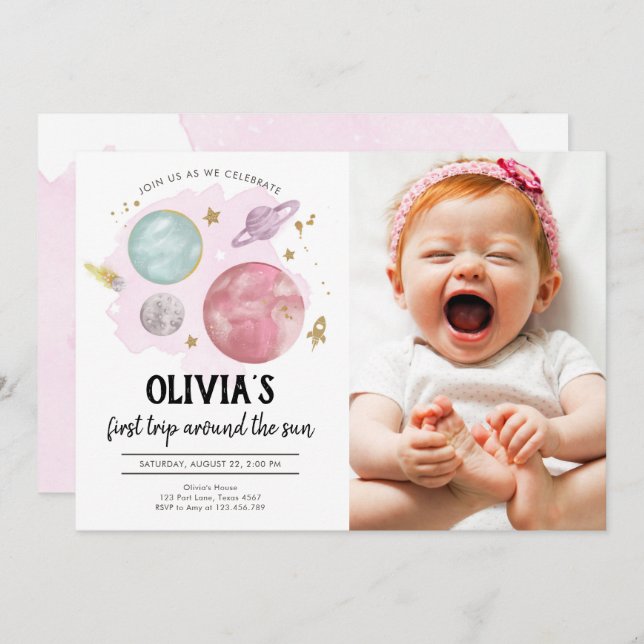 Outer Space Planets Girl First Birthday Invitation (Front/Back)