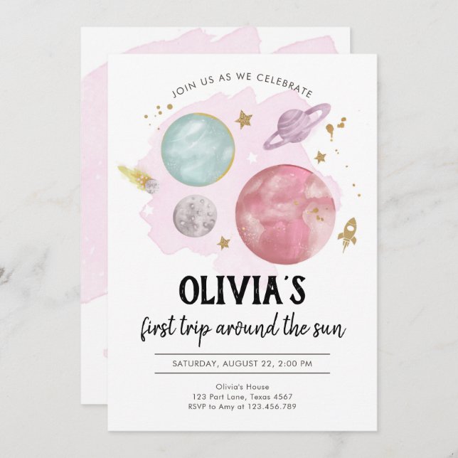 Outer Space Planets Girl First Birthday Invitation (Front/Back)