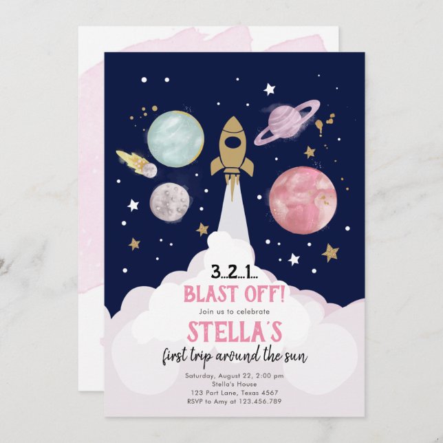 Outer Space Planets Girl First Birthday Invitation (Front/Back)