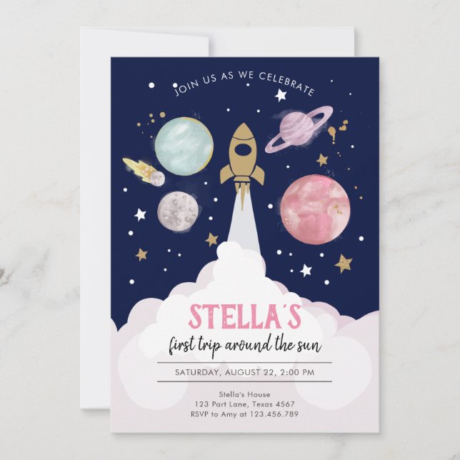 Outer Space Planets Girl First Birthday Invitation (Front)