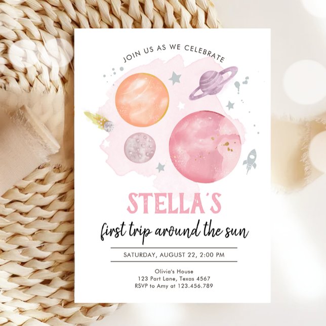Outer Space Planets Girl First Trip 1st Birthday Invitation (Creator Uploaded)