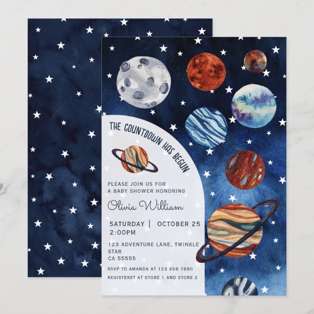Outer Space Planets Navy Blue Boy Baby Shower  Invitation (Front/Back)