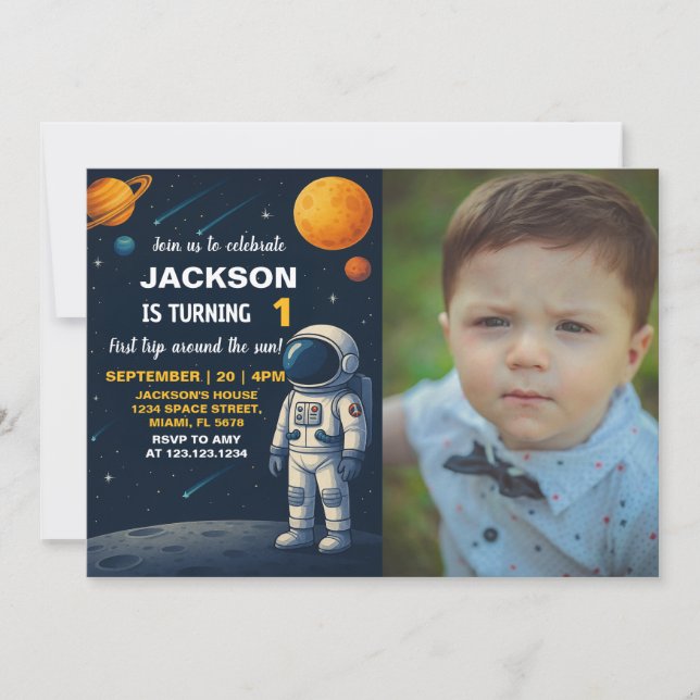 Outer Space Planets Party Invite with photo (Front)