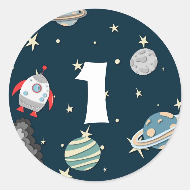 Outer Space Planets & Rocket Galaxy First Birthday Classic Round Sticker (Front)