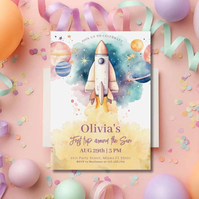 Outer Space Planets Rocket Girl First Birthday Invitation (Creator Uploaded)