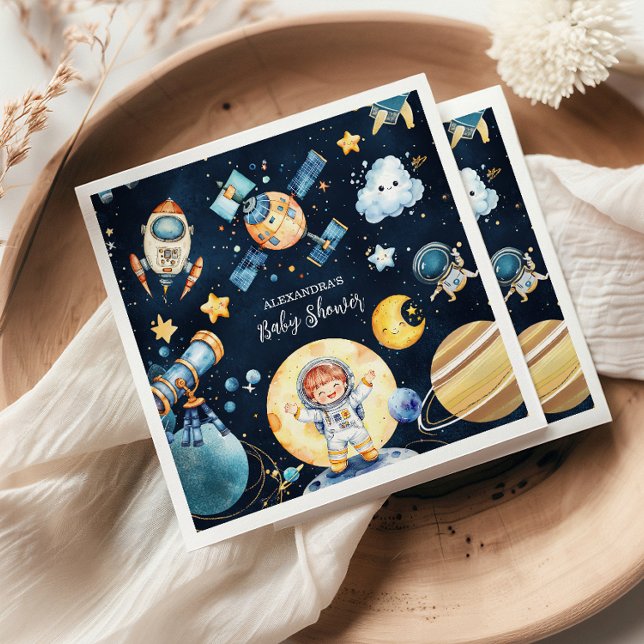 Outer Space Planets Rocket Navy Blue  Baby Shower Napkin (Creator Uploaded)