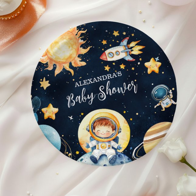 Outer Space Planets Rocket Navy Blue  Baby Shower Paper Plate (Creator Uploaded)
