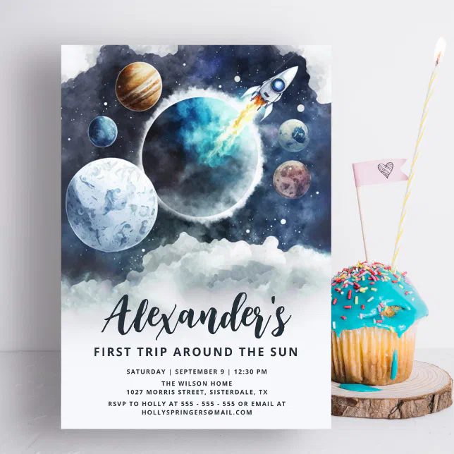 Rocket Inviation Outer Space Planets & Rocket Ship Boy 1st Birthday Invitation | Zazzle