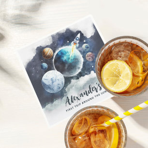 Outer Space Planets & Rocket Ship Boy 1st Birthday Napkin