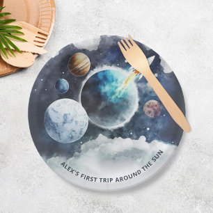 Outer Space Planets & Rocket Ship Boy 1st Birthday Paper Plate
