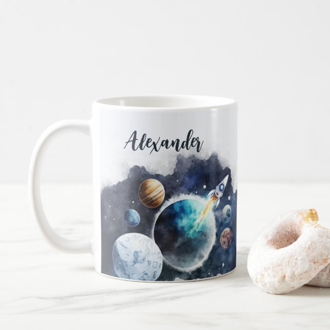 Outer Space Planets & Rocket Ship Personalised Coffee Mug (With Donut)