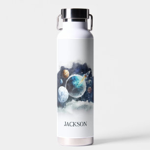 Outer Space Planets Rocket Ship Personalised Kids Water Bottle