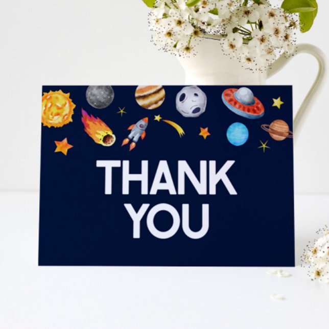 Outer Space Planets Rocket Ship Spaceship Blue Thank You Card (Creator Uploaded)