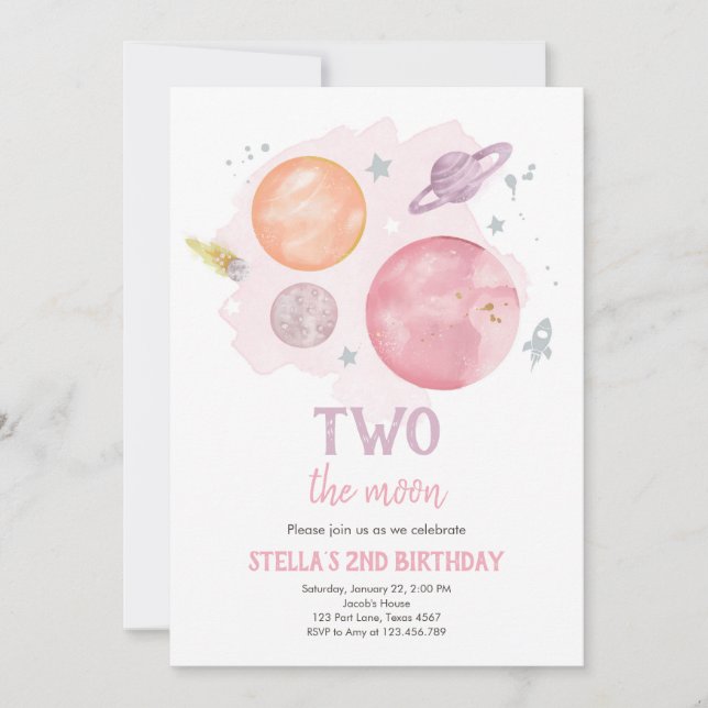 Outer Space Planets Two The Moon Girl Birthday Inv Invitation (Front)