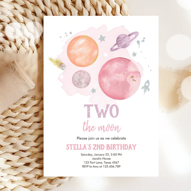 Outer Space Planets Two The Moon Girl Birthday Invitation (Creator Uploaded)