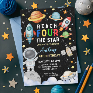 Outer Space Reach Four The Stars 4th Birthday Invitation