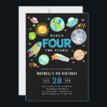 Outer Space Reach FOUR the Stars 4th Birthday Moon Invitation<br><div class="desc">Modern Outer Space Galaxy Moon Rocket Spaceship Alien Kid Reach FOUR the Stars 4th Birthday Black Invitation</div>