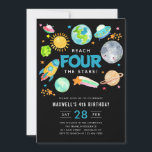 Outer Space Reach FOUR the Stars 4th Birthday Moon Invitation<br><div class="desc">Modern Outer Space Galaxy Moon Rocket Spaceship Alien Kid Reach FOUR the Stars 4th Birthday Black Invitation</div>