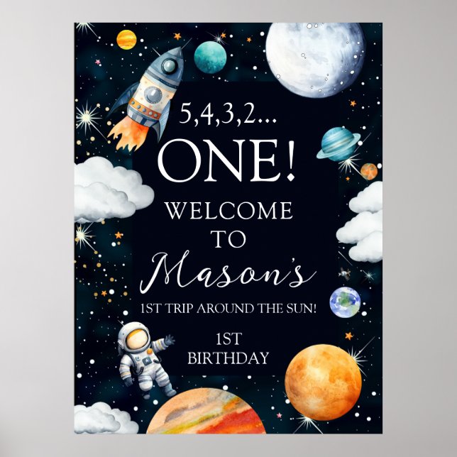 Outer Space Rocket Astronaut 1st Birthday Welcome Poster (Front)