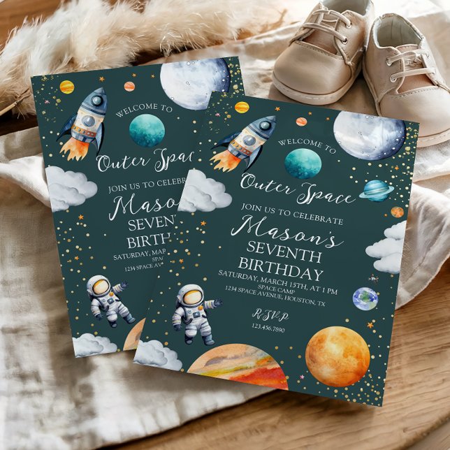 Outer Space Rocket & Astronaut Kids Birthday Party Invitation (Creator Uploaded)