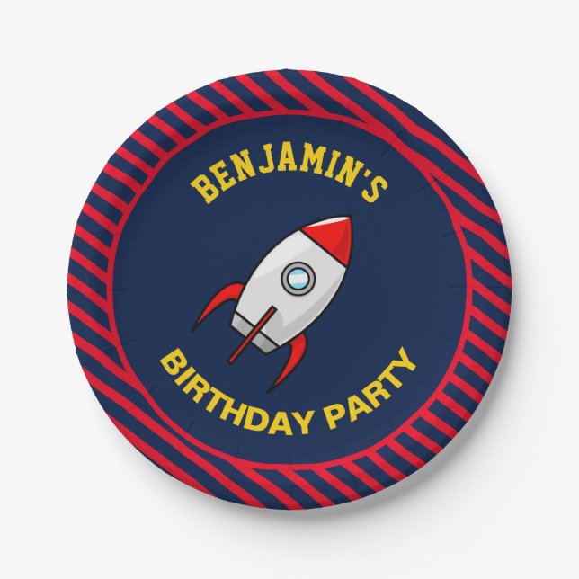 Outer Space Rocket Birthday Party Paper Plate (Front)