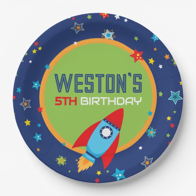 Outer Space Rocket Birthday Party Paper Plates (Front)