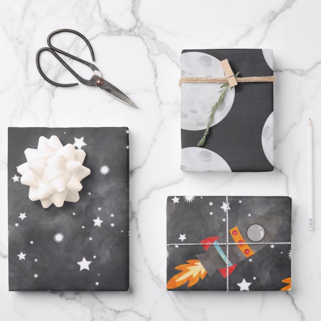 Outer Space Rocket Birthday Wrapping Paper Sheets (Front)