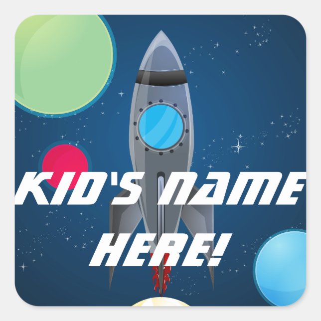 Outer Space Rocket Custom Name School Classrom Square Sticker (Front)