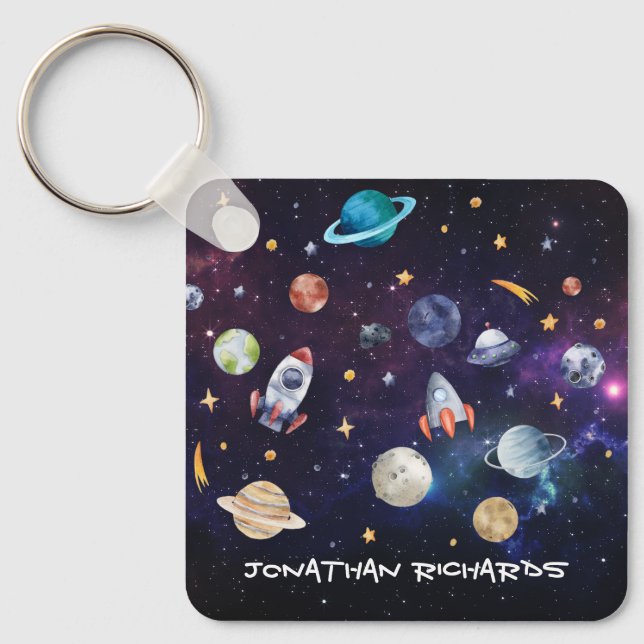 Outer Space Rocket Galaxy Personalised Keychain (Front)