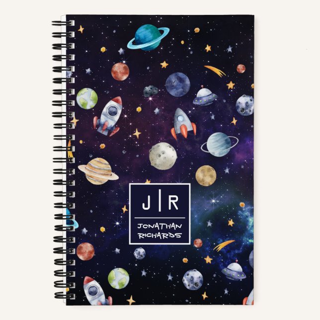 Outer Space Rocket Galaxy Planets Personalised Notebook (Front)
