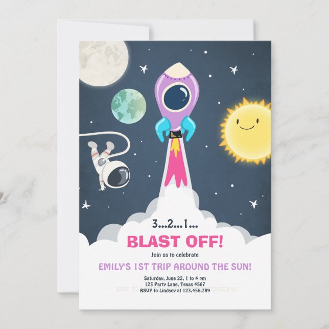 Outer Space Rocket Girl Pink Birthday Invitation (Front)