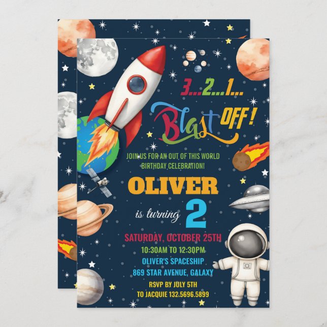 Outer Space Rocket Planets Astronaut Birthday Invitation (Front/Back)