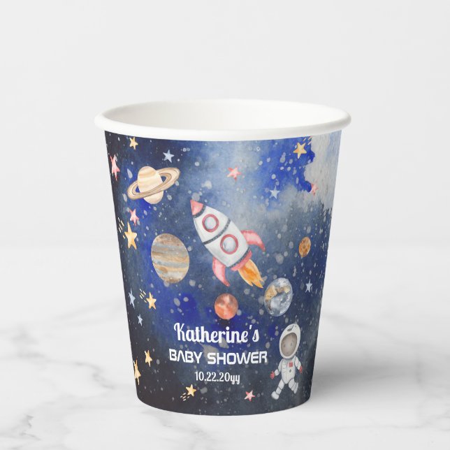 Outer Space Rocket Planets Boy Baby Shower Paper Cups (Front)