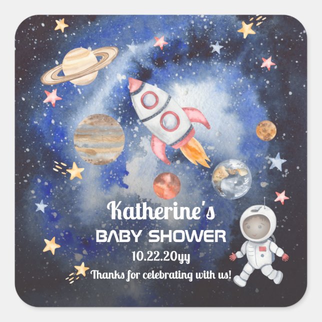 Outer Space Rocket Planets Boy Baby Shower Square Sticker (Front)