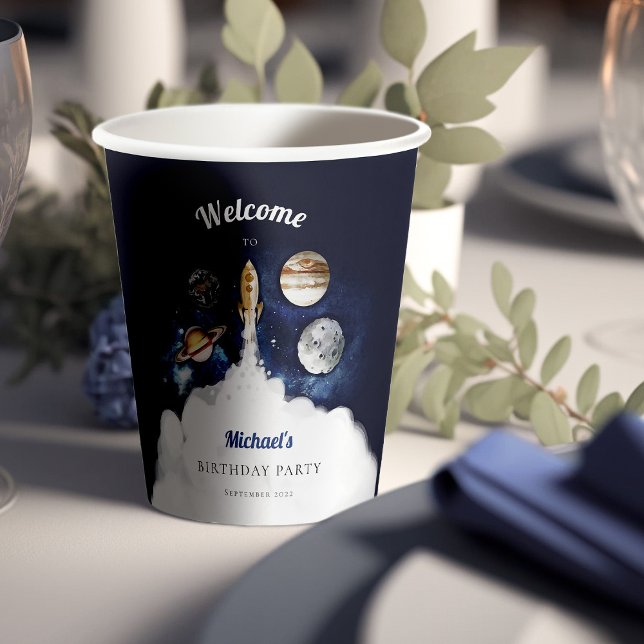 Outer Space Rocket Planets Galaxy Blue Boy Paper Cups (Creator Uploaded)