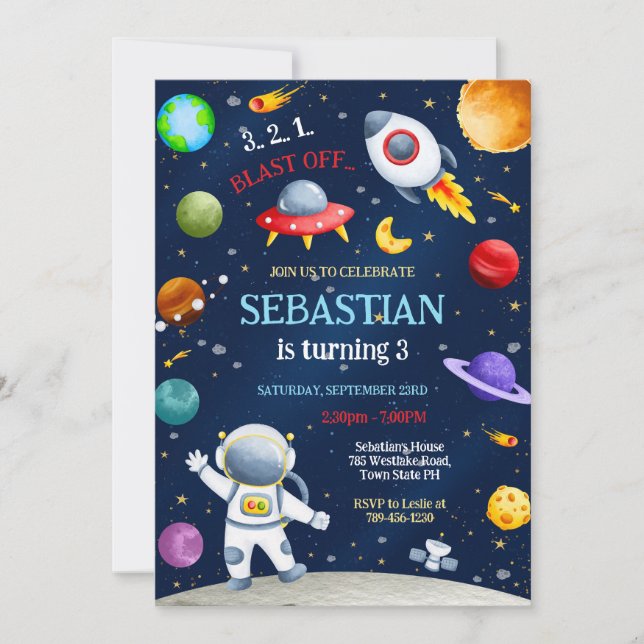 Outer Space Rocket Ship Astronaut Galaxy Birthday  Invitation (Front)
