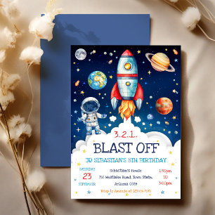 Outer Space Rocket Ship Astronaut Galaxy Birthday  Invitation