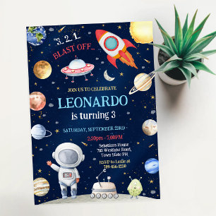 Outer Space Rocket Ship Astronaut Galaxy Birthday  Invitation