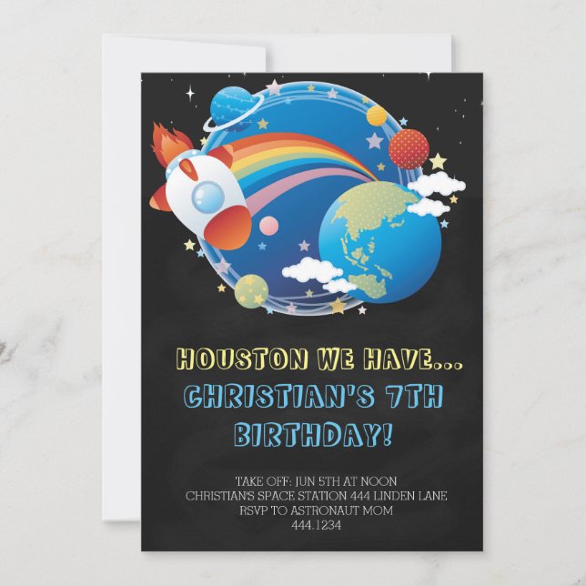 Outer Space Rocket Ship Birthday Invitations (Front)