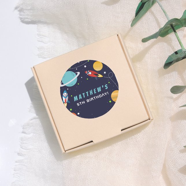 Outer Space Rocket Ship Birthday Party Classic Round Sticker (Creator Uploaded)