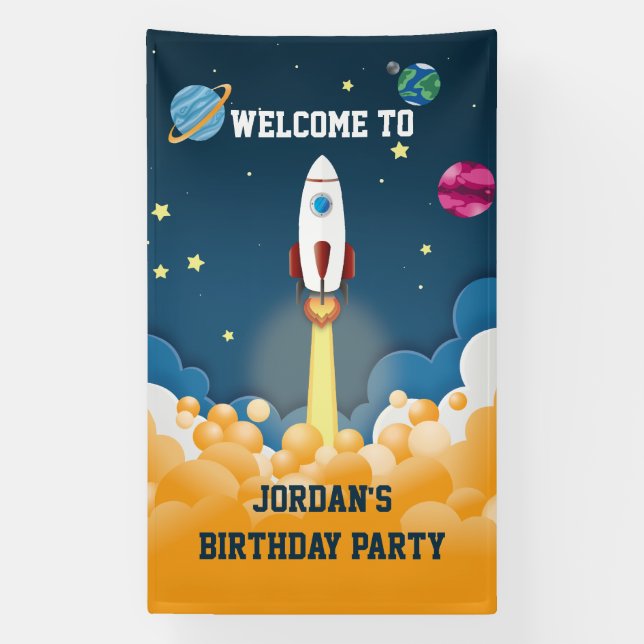 Outer Space Rocket Ship Custom Name Birthday  Banner (Vertical)
