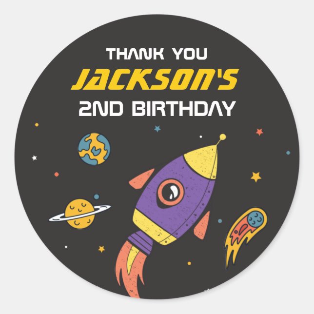 Outer Space Rocket Ship Kids Birthday Party Classic Round Sticker (Front)