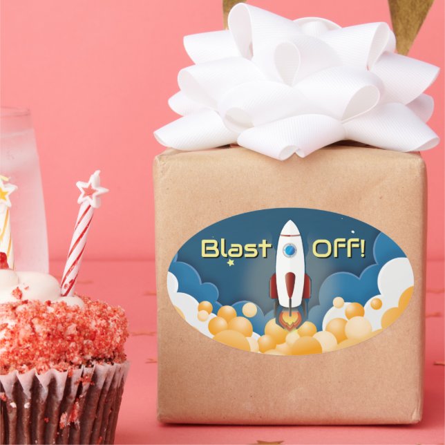 Outer Space Rocket Ship Personalised Name Oval Sticker (Party)