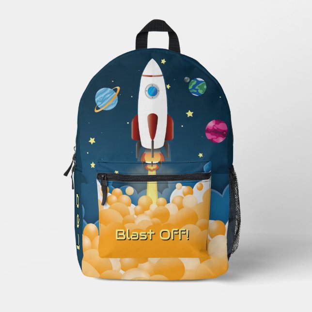 Outer Space Rocket Ship Personalised Name Printed Backpack (Front)