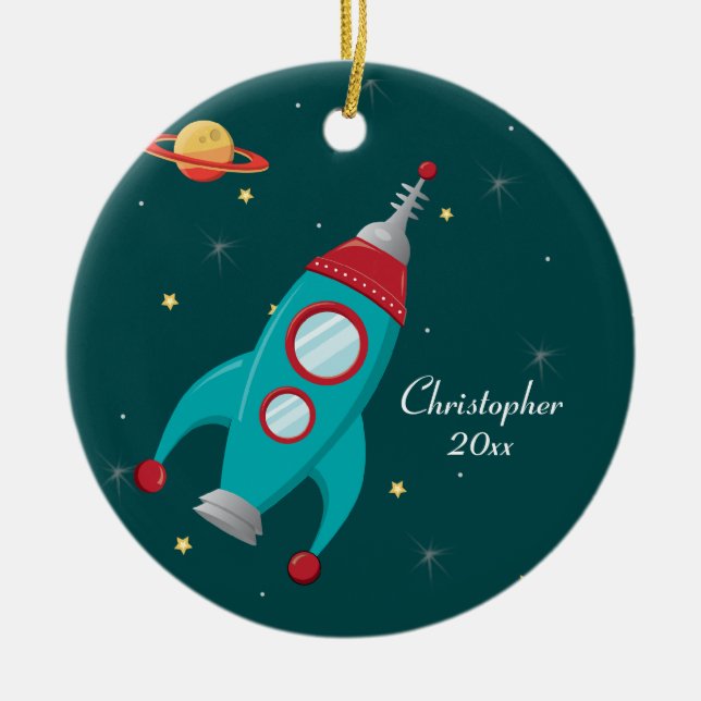 Outer space rocket ship photo personalise ornament (Front)