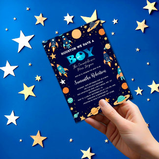 Outer Space Rockets Planets Navy Blue Baby Shower Invitation
