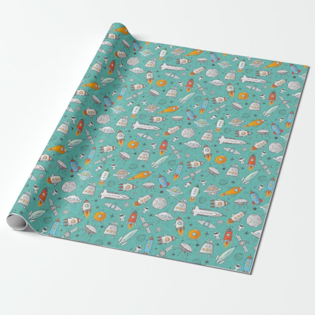 Outer Space Rockets Wrapping Paper (Unrolled)