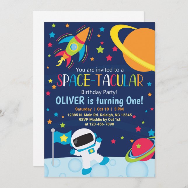 Outer space spacetacular boy birthday invitation.  invitation (Front/Back)