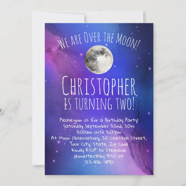 Outer Space Stars Over the Moon Birthday Party Invitation (Front)