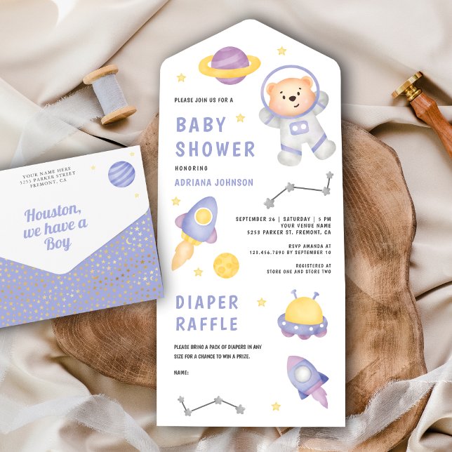 Outer Space Teddy Bear Cute Astronaut Baby Shower All In One Invitation (Creator Uploaded)